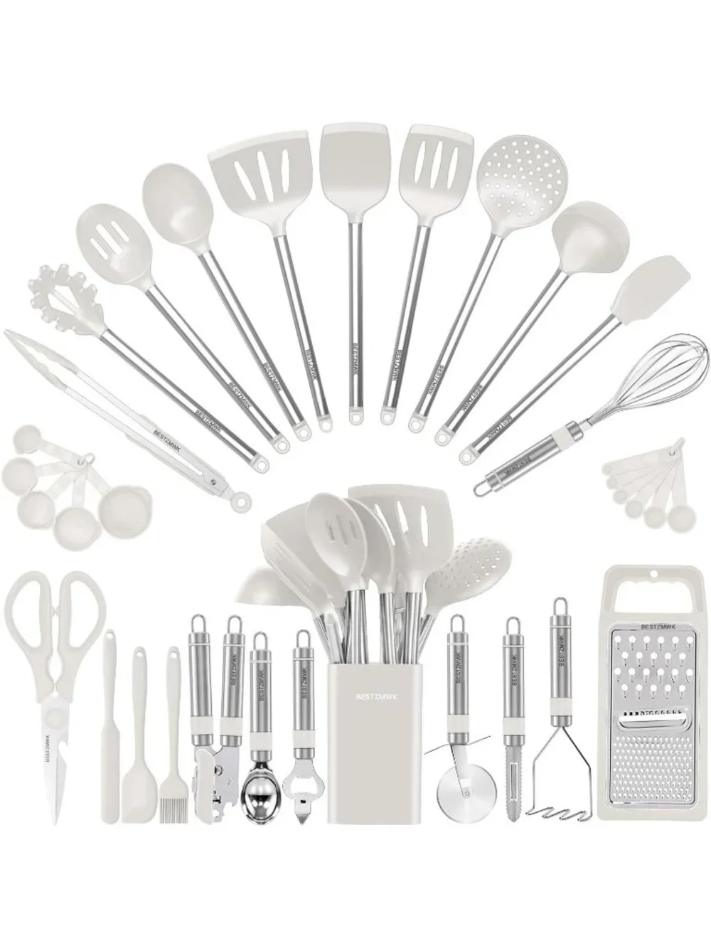 Kitchen Utensil Set-Silicone Cooking 33 Nonstick Kitchen Gadgets & Spoons Cream
